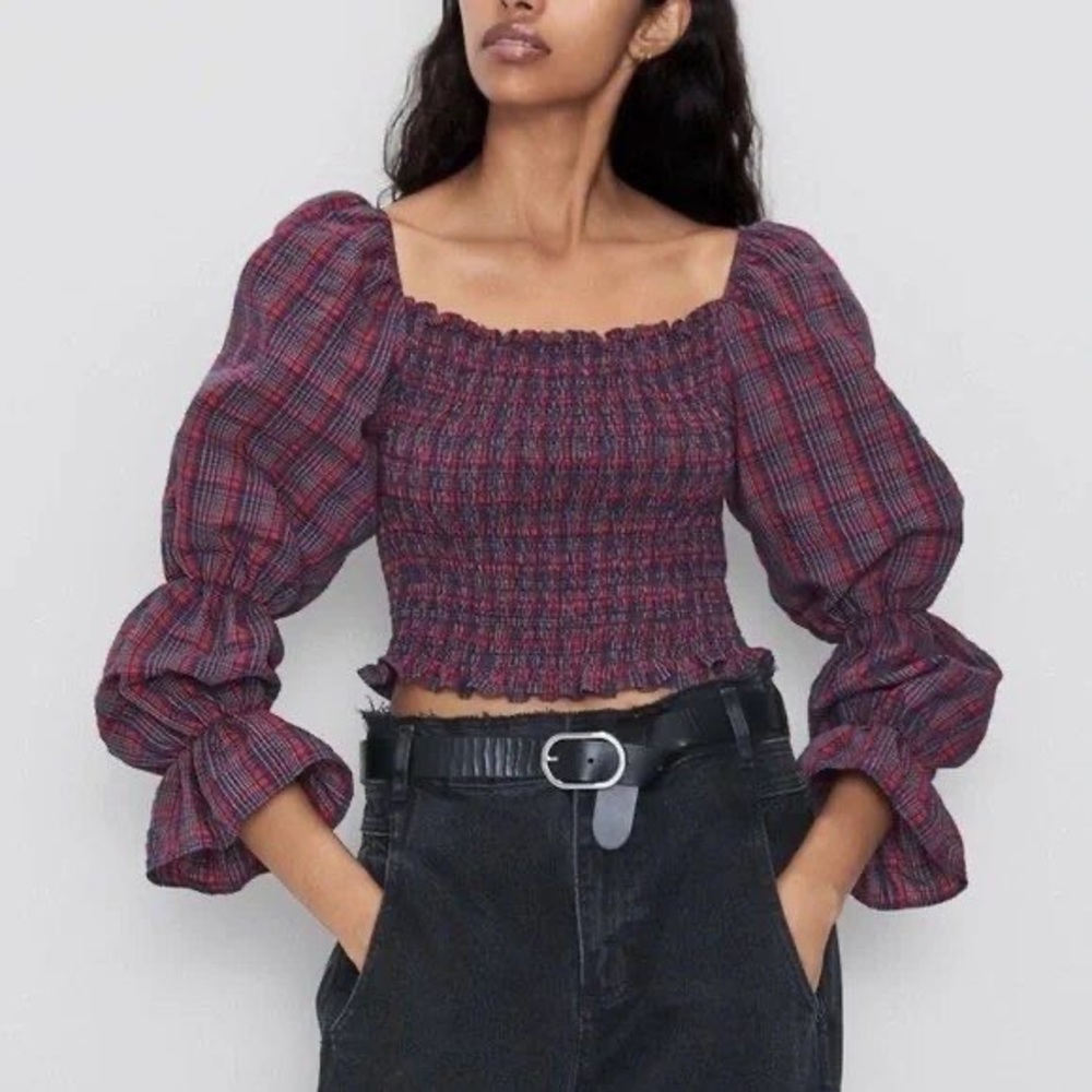 Zara Smocked Puff Sleeves Crop Top - S - Picture 1 of 5